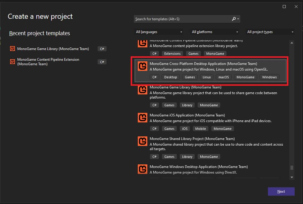 Create MonoGame Game project