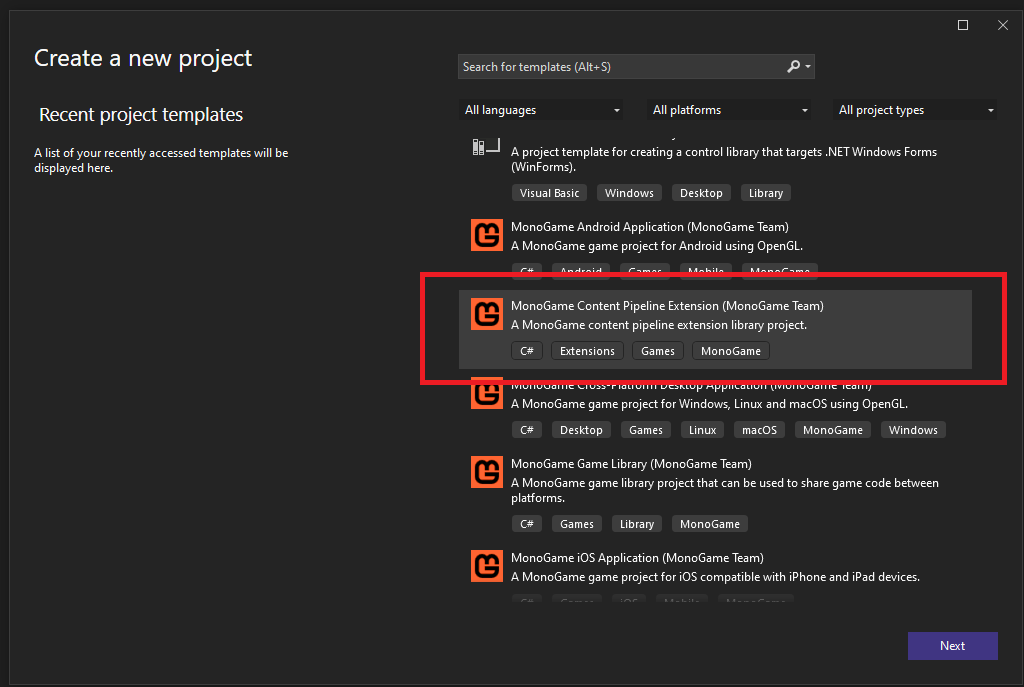 Create new MonoGame Content Pipeline Extension Project